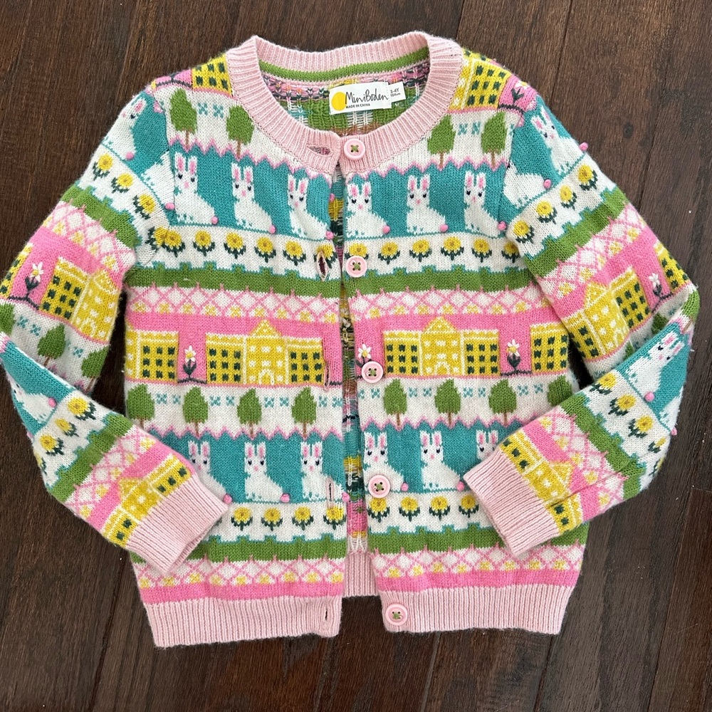 Mini Boden Girls' Pink & Teal Bunny Fair Isle Cardigan, size 3/4